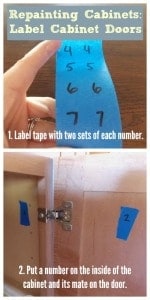 Using painter's tape to label cabinet doors and frames before painting.