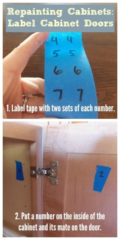 Labeling kitchen cabinet doors with tape before removing them to paint