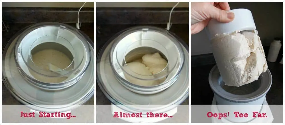 Three stages of dairy free vanilla ice cream freezing in an ice cream maker