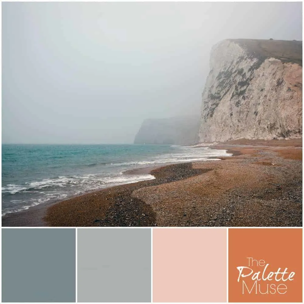 Misty beach palette with muted blue greens and corals