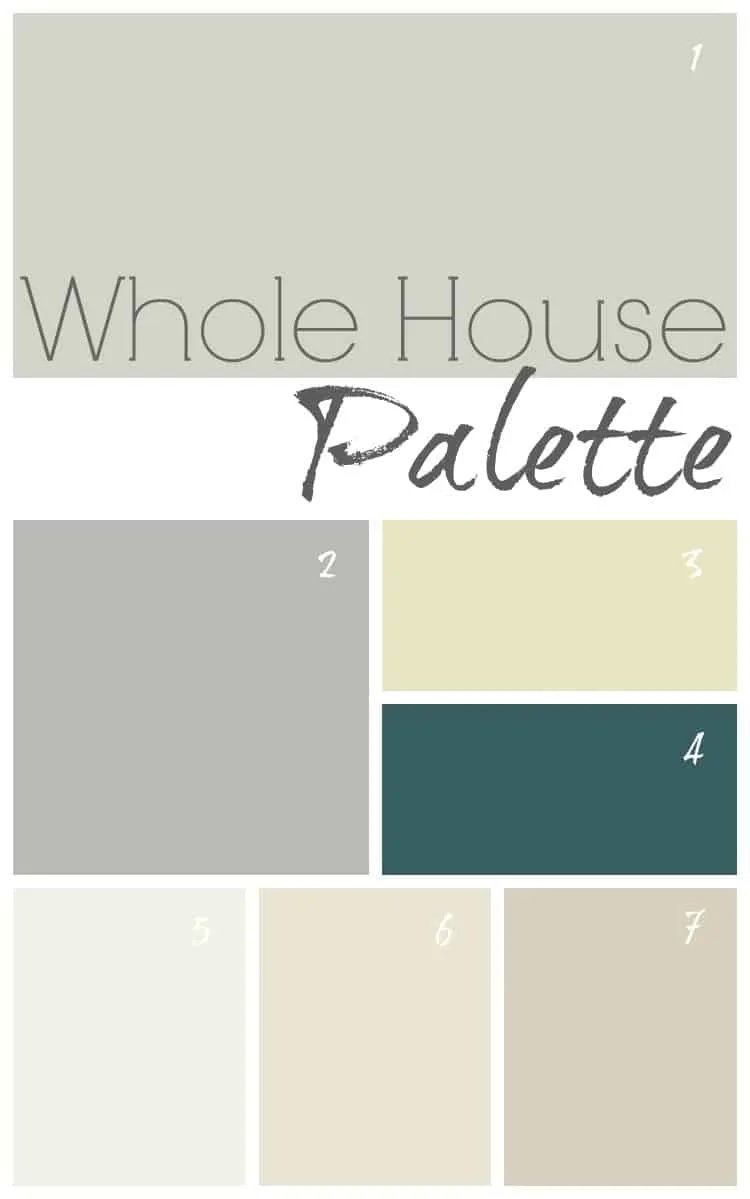Whole House Palette. A modern farmhouse color palette with grays, tan, and green.