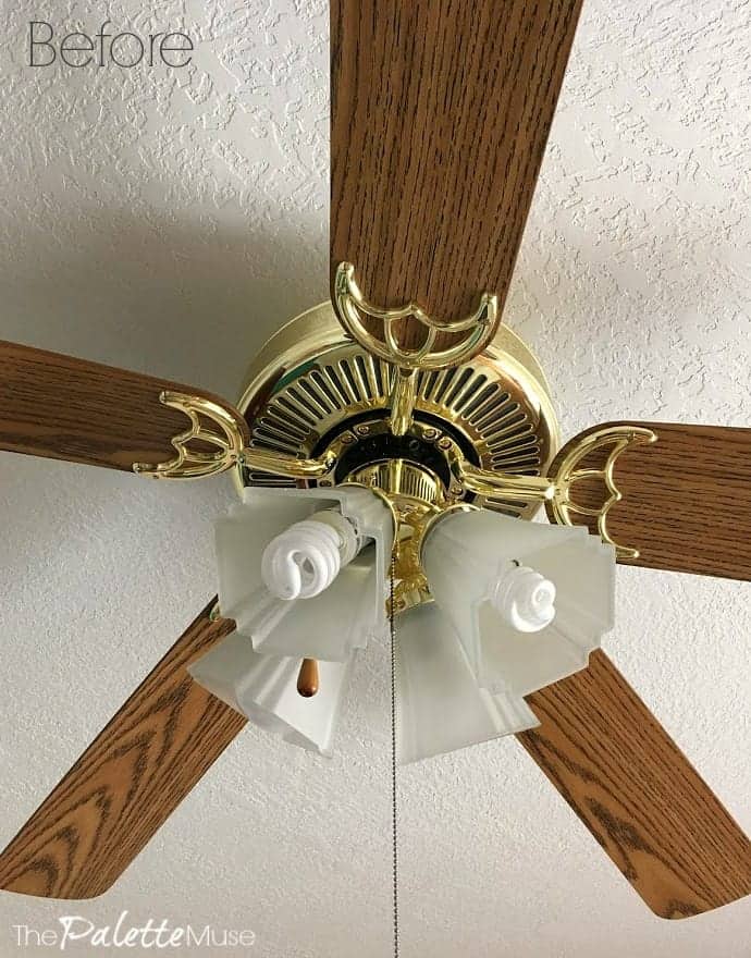 Brown ceiling fan with brass fixtures and ugly fluorescent bulbs