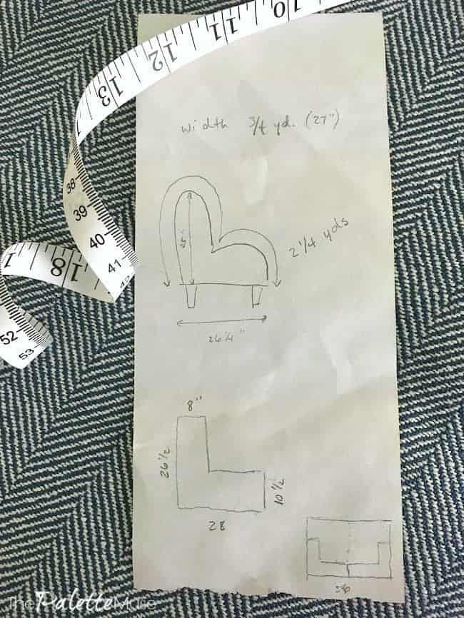 Handwritten measurements and notes for simple chair covers