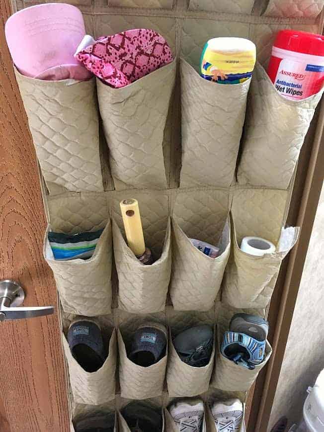 Camping Hacks: Use a hanging shoe organizer to corral necessities.