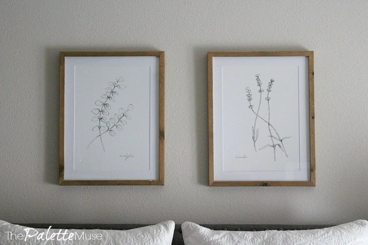 Eucalyptus and Lavender drawings hanging above head board.