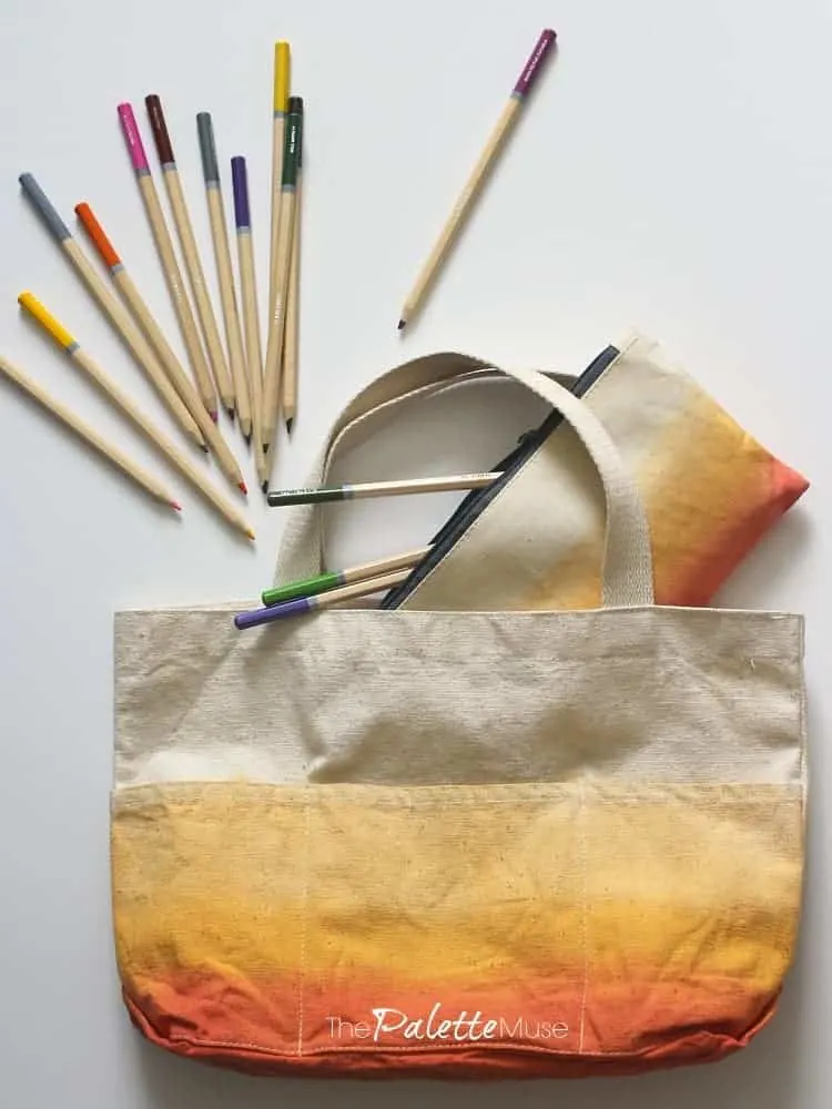 Orange ombre dip dyed tote bag and matching pencil bag.