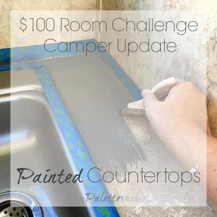 Painted countertops were the perfect solution to this camper's dated laminate! #paintedcountertops #diydecor #100roomchallenge