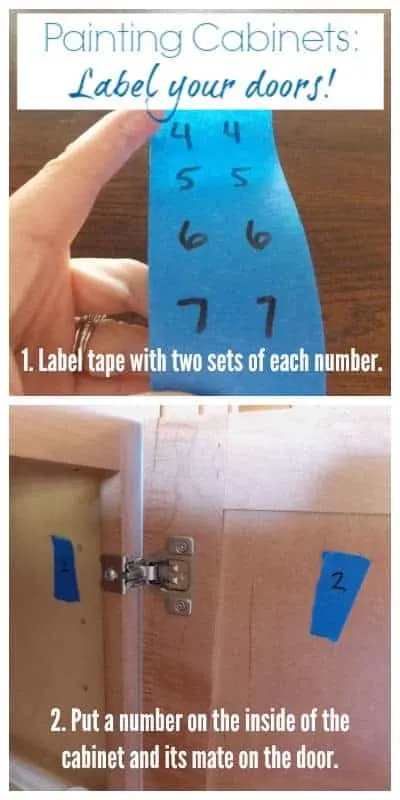 Tape scraps with matching numbers label each door to go with its cabinet.