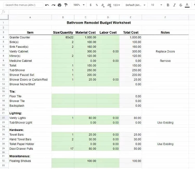 Sample of a partially filled out remodel budget worksheet