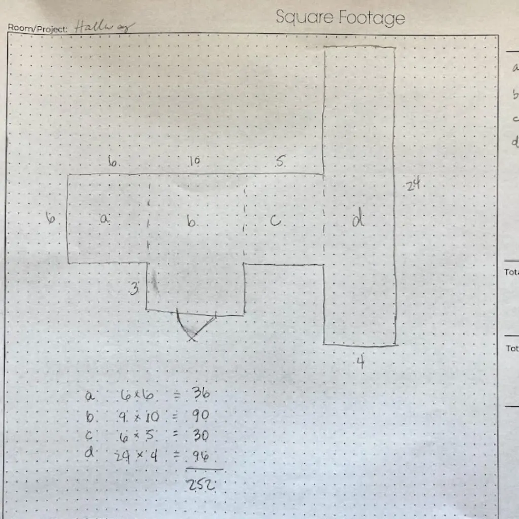 Square footage worksheet with sketch and measurements noted