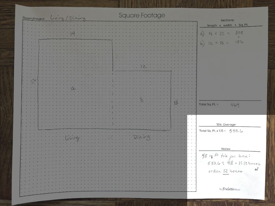 Square footage worksheet with notes section highlighted