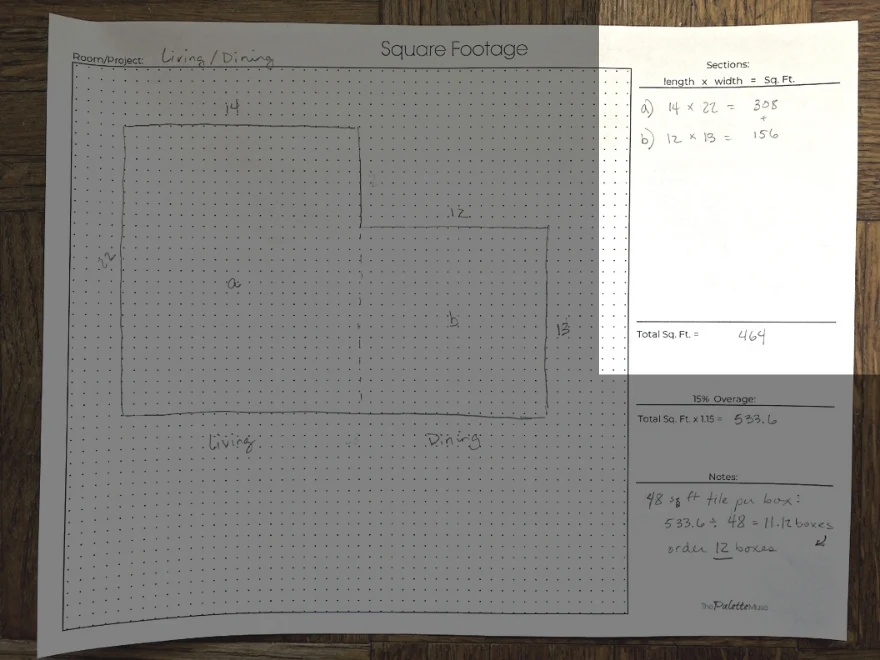Measuring square footage on worksheet by breaking down sections to get total square feet