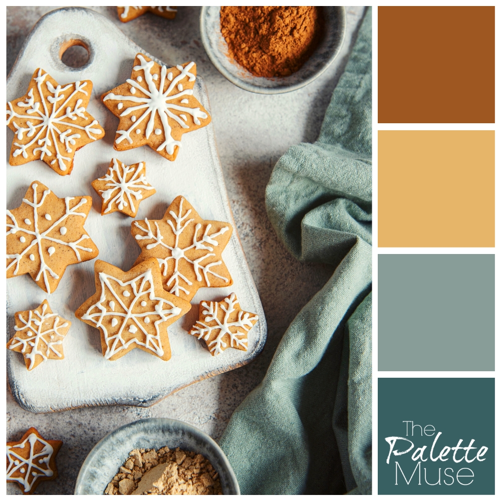 A color palette of earthy red, neutral tan, slate gray, and deep teal green, based on a photo of spices and iced cookies.