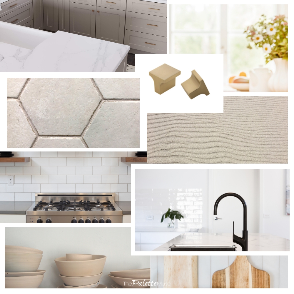 A collection of photos for a neutral kitchen design.
