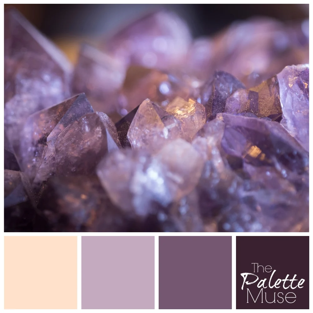 Color palette based on amethyst stones with purples and a neutral peach.