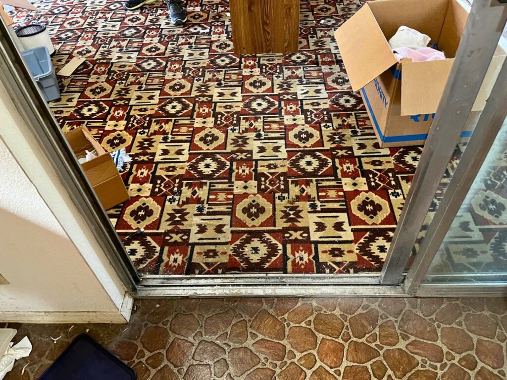 Brown pebbly linoleum and red geometric carpet.